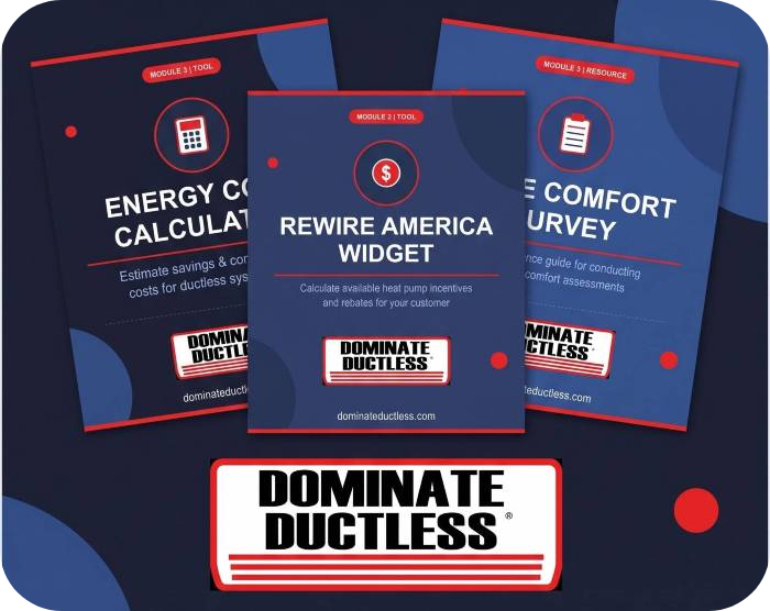 Three blue module cards with red accents for Dominate Ductless training; center card reads 'Rewire America Widget' with logo below.